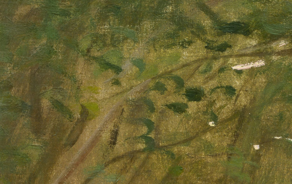 Close-up detail of the lilac canopy in Springtime by Claude Monet, showing branches and blossoms filtering sunlight over Camille Monet.